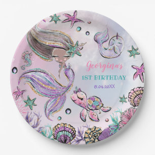 Cute Brown Skin Mermaid Zee Turtle Narwhal Party Papieren Bordje