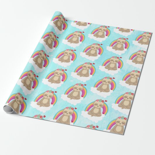 Cute Brown Sloth, Meditatie op een Cloud Pattern Cadeaupapier (Uitgerold)