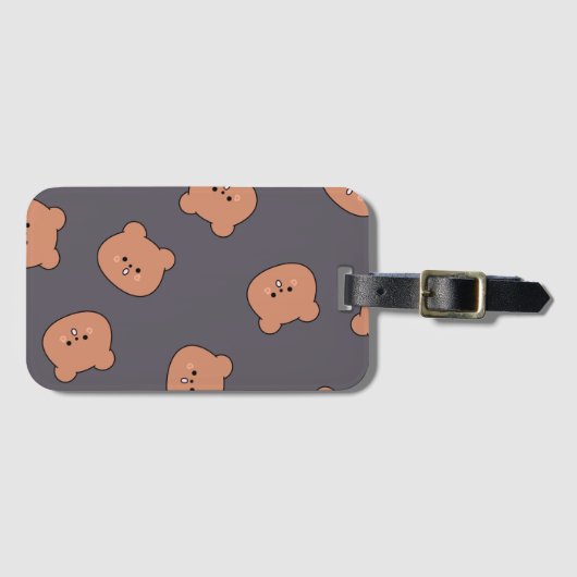 Cute Brown Teddy Bear Face Pattern Dark Blue Bagagelabel (Voorkant (horizontaal))