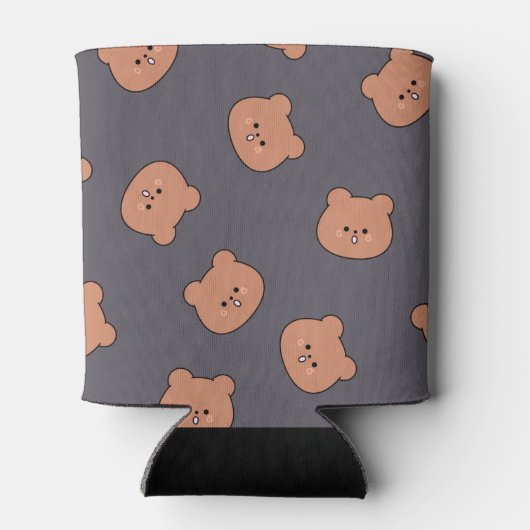 Cute Brown Teddy Bear Face Pattern Dark Blue Blikjeskoeler (Achterkant)