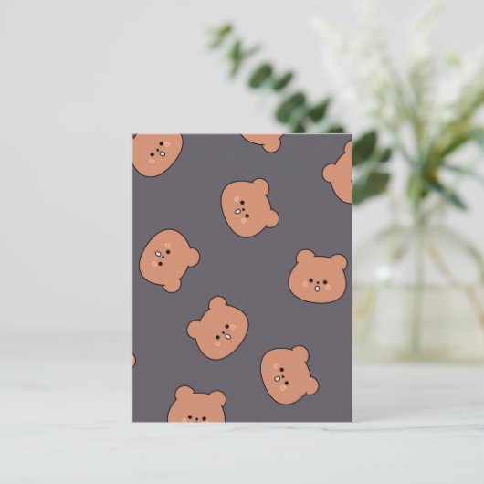 Cute Brown Teddy Bear Face Pattern Dark Blue Briefkaart (Staand voorkant)