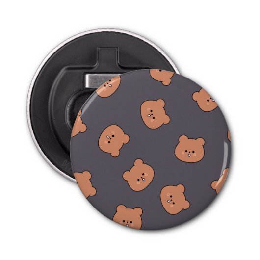 Cute Brown Teddy Bear Face Pattern Dark Blue Button Flesopener (Voorkant)