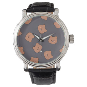 Cute Brown Teddy Bear Face Pattern Dark Blue Horloge