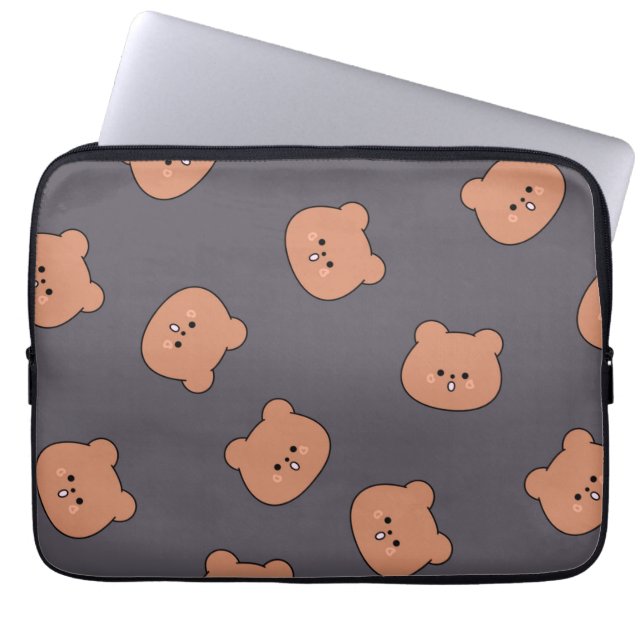 Cute Brown Teddy Bear Face Pattern Dark Blue Laptop Sleeve (Voorkant)