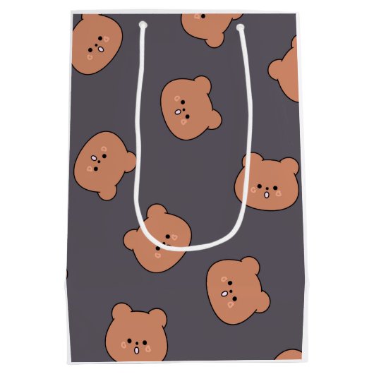 Cute Brown Teddy Bear Face Pattern Dark Blue Medium Cadeauzakje (Achterkant)