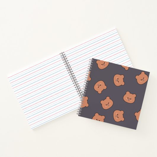 Cute Brown Teddy Bear Face Pattern Dark Blue Notitieboek (Binnen)