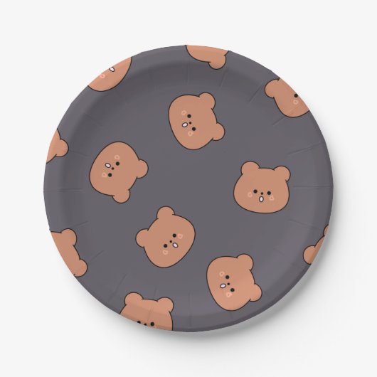 Cute Brown Teddy Bear Face Pattern Dark Blue Papieren Bordje (Voorkant)