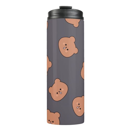 Cute Brown Teddy Bear Face Pattern Dark Blue Thermosbeker (Voorkant)