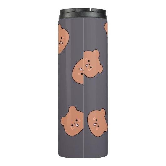 Cute Brown Teddy Bear Face Pattern Dark Blue Thermosbeker (Achterkant)