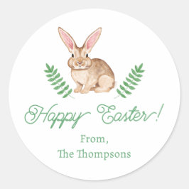 Cute Brown Watercolor Easter Bunny With Greenery Ronde Sticker