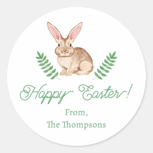 Cute Brown Watercolor Easter Bunny With Greenery Ronde Sticker (Voorkant)