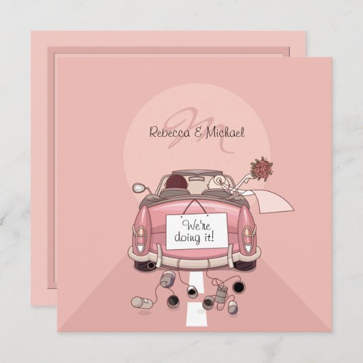 Cute Bruid & Bruidegom Roze Ontsnappingsauto Uitno Kaart (Voorkant / Achterkant)