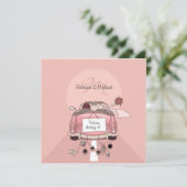 Cute Bruid & Bruidegom Roze Ontsnappingsauto Uitno Kaart (Staand voorkant)