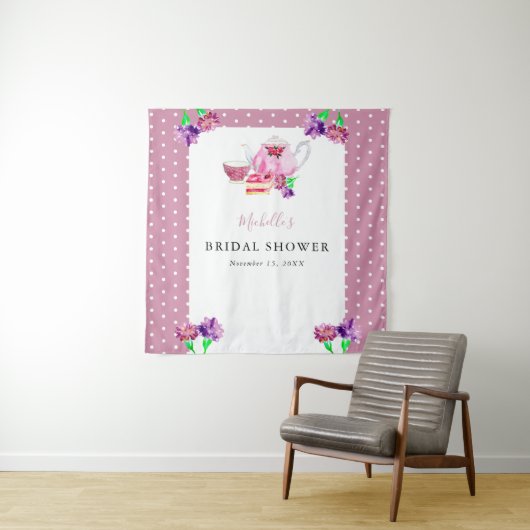 Cute Bruiloft Thee Feest Roze Achtergrond Wandkleed (In situ)