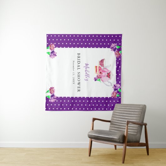 Cute Bruiloft Thee Feestje Paarse Achtergrond  Wandkleed (In Situ (horizontaal))