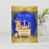 Cute Brunette Baby shower Boy Regal Royal Blue Kaart (Staand voorkant)