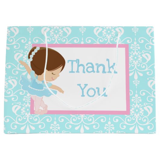 Cute Brunette Ballerina en Blue Damask Hartelijk d Groot Cadeauzakje (Voorkant)