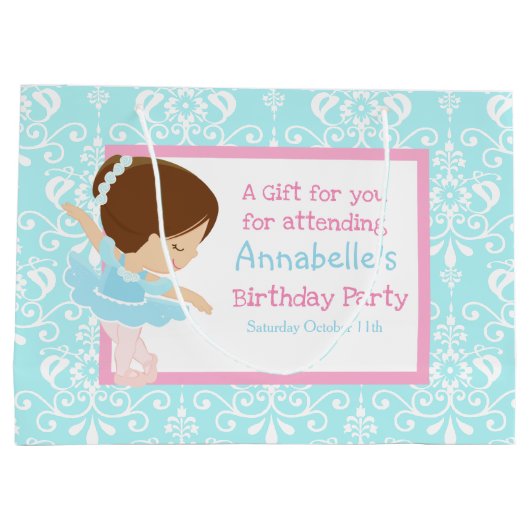 Cute Brunette Ballerina en Blue Damask Hartelijk d Groot Cadeauzakje (Achterkant)