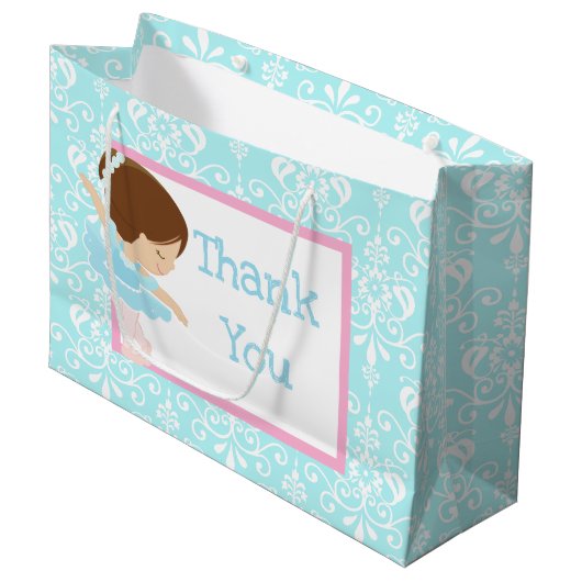 Cute Brunette Ballerina en Blue Damask Hartelijk d Groot Cadeauzakje (Voorkant Gekanteld)