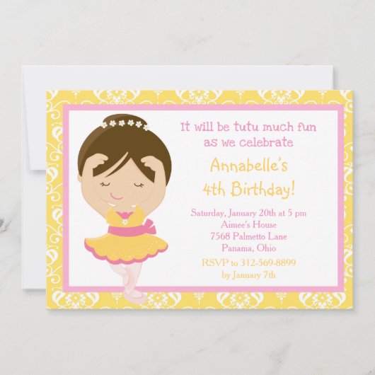Cute Brunette Ballerina en Yellow Damask Kaart (Voorkant)