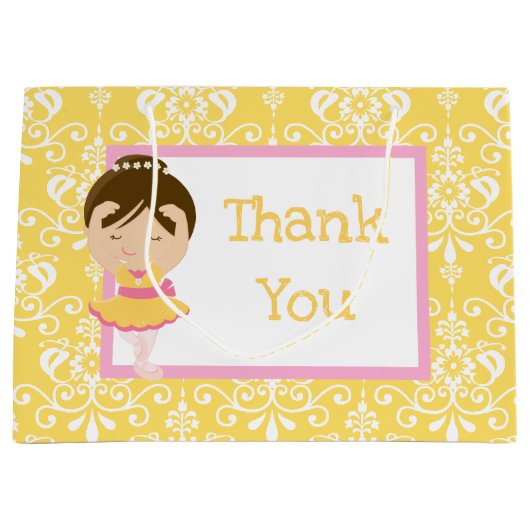 Cute Brunette Ballerina & Yellow Damask Bedankt Groot Cadeauzakje (Voorkant)