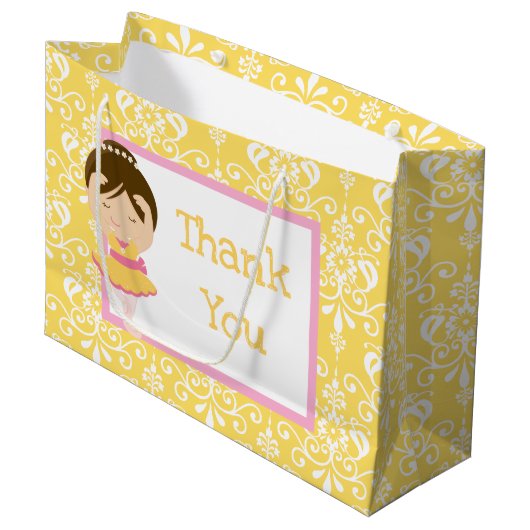 Cute Brunette Ballerina & Yellow Damask Bedankt Groot Cadeauzakje (Voorkant Gekanteld)