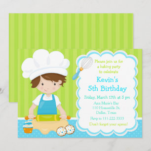 Cute Brunette Boy Baking Birthday Party Kaart