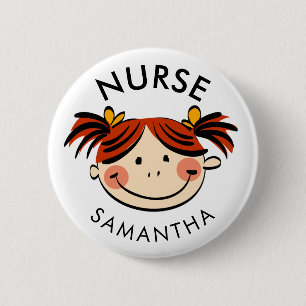 Cute Brunette Cartoon Nurse Name Ronde Button 5,7 Cm