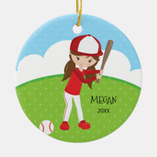 Cute Brunette Girl Baseball Persoonlijke Kerstmis Keramisch Ornament