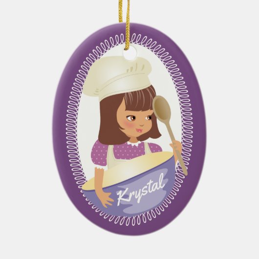 Cute brunette girl kinder chef-kerstmis keramisch ornament (Achterkant)