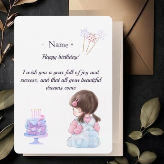 Cute Brunette Girl Personalized Birthday Card for  Bedankkaart