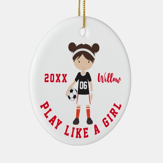 Cute Brunette Girl Soccer Persoonlijke Kerstmis C Keramisch Ornament (Rechts)