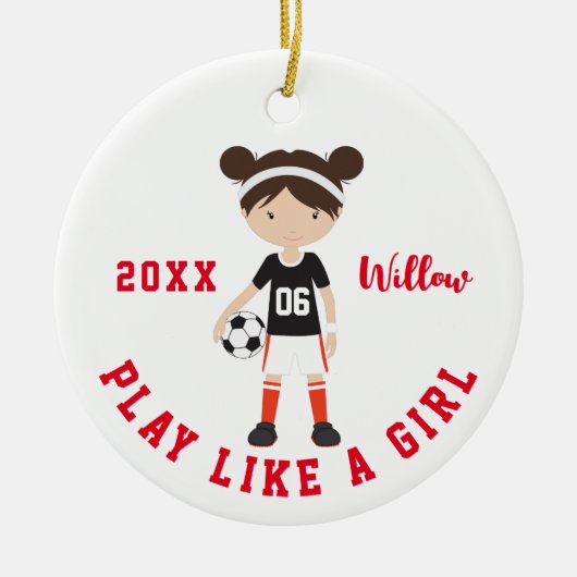 Cute Brunette Girl Soccer Persoonlijke Kerstmis C Keramisch Ornament (Voorkant)