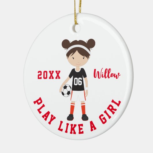 Cute Brunette Girl Soccer Persoonlijke Kerstmis C Keramisch Ornament (Links)