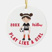 Cute Brunette Girl Soccer Persoonlijke Kerstmis Keramisch Ornament (Voorkant)