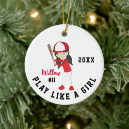 Cute Brunette Girl Softball Player Keramisch Ornament