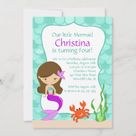 Cute Brunette Mermaid Birthday Invitation Kaart