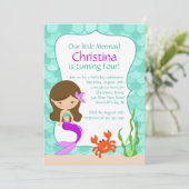 Cute Brunette Mermaid Birthday Invitation Kaart (Staand voorkant)