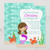 Cute Brunette Mermaid Birthday Invitation Kaart (Voorkant / Achterkant)