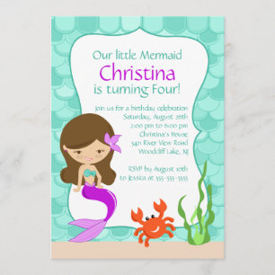 Cute Brunette Mermaid Birthday Invitation Kaart