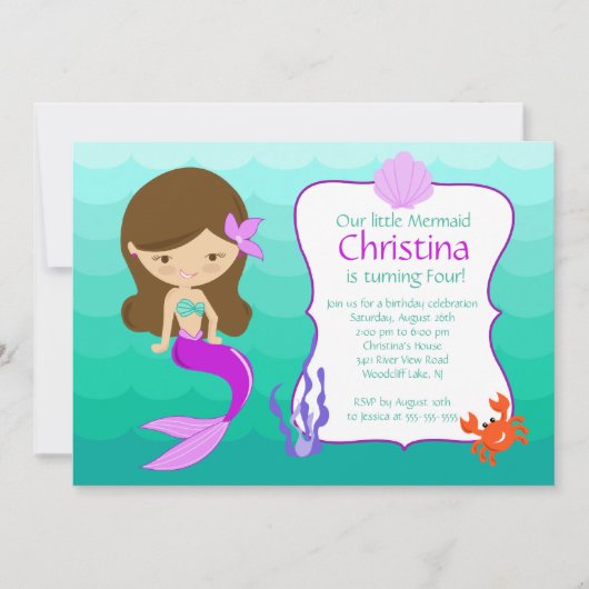 Cute Brunette Mermaid Birthday Invitation Kaart (Voorkant)