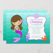 Cute Brunette Mermaid Birthday Invitation Kaart (Voorkant / Achterkant)