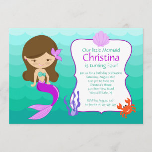 Cute Brunette Mermaid Birthday Invitation Kaart