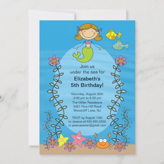 Cute Brunette Mermaid Birthday Invitation Kaart (Voorkant)