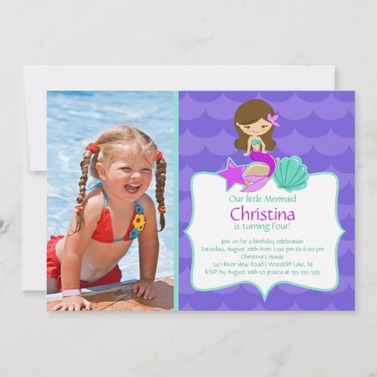 Cute Brunette Mermaid Photo Birthday Invitation Kaart (Voorkant)