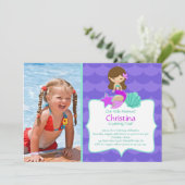 Cute Brunette Mermaid Photo Birthday Invitation Kaart (Staand voorkant)