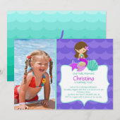 Cute Brunette Mermaid Photo Birthday Invitation Kaart (Voorkant / Achterkant)