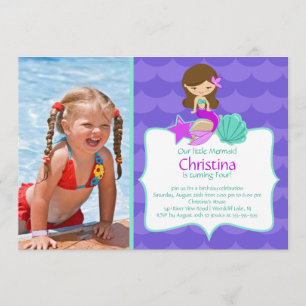 Cute Brunette Mermaid Photo Birthday Invitation Kaart