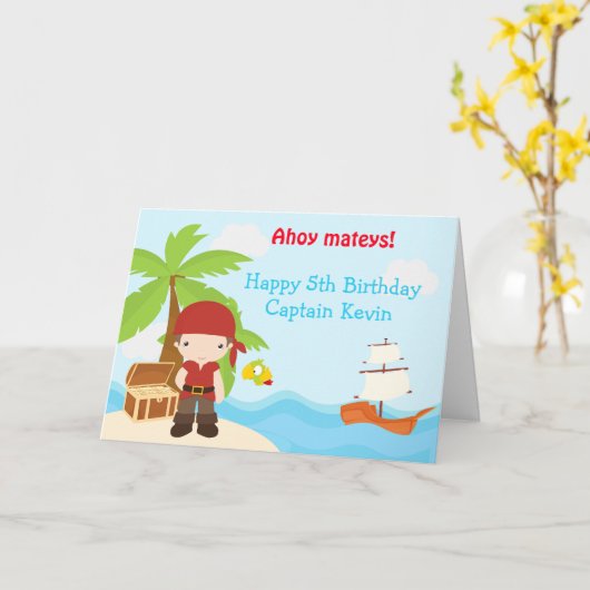 Cute Brunette Pirate Boy Birthday Party Kaart (Gele Bloem)
