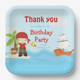 Cute Brunette Pirate Boy in Red Birthday Papieren Bordje